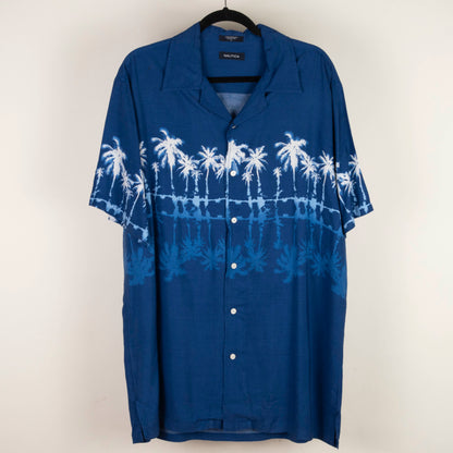Camisa hawaiana manga corta azul de rayón para hombre con estampado de palmeras