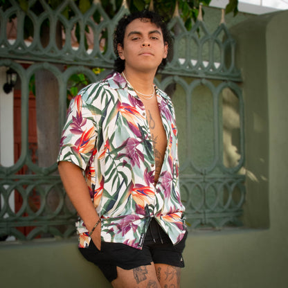 Camisa hawaiana manga corta paraíso blanco