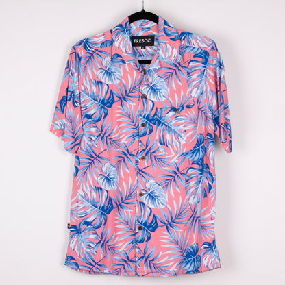 Camisa hawaiana manga corta monstera rosa