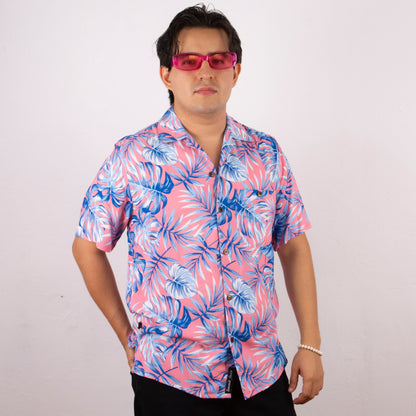 Camisa hawaiana manga corta monstera rosa