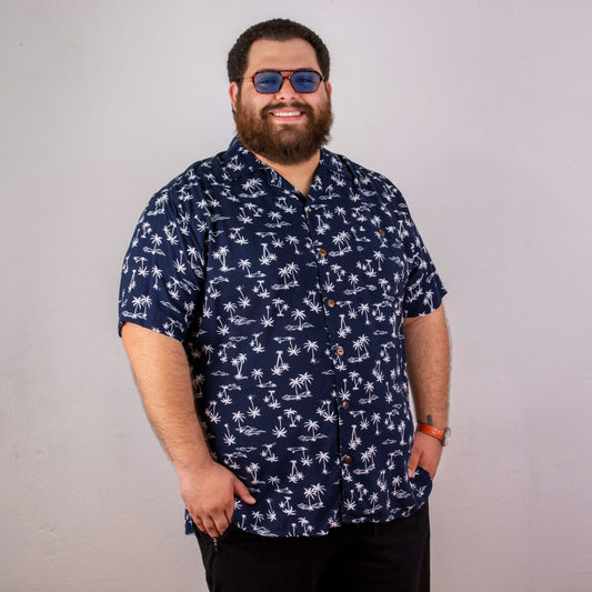 Camisa hawaiana manga corta azul plus