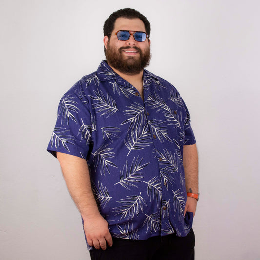 Camisa hawaiana manga corta palmera azul