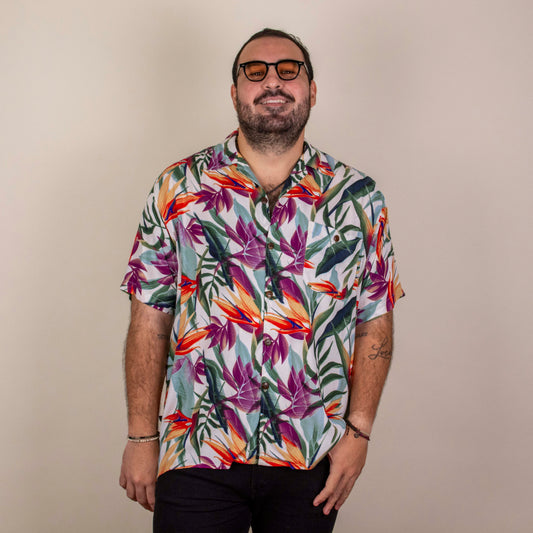 Camisa hawaiana manga corta paraíso blanco