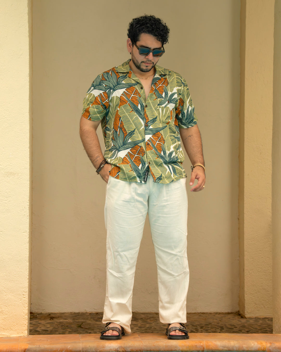 Camisa hawaiana manga corta verde Manglar